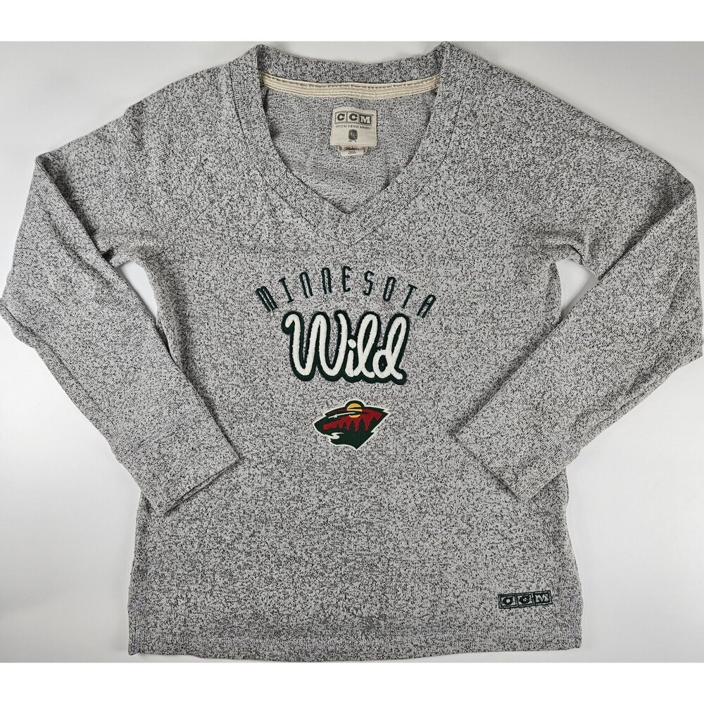 CCM Minnesota MN Wild NHL Hockey Women’s Gray V-Neck Long Sleeve Sweater Medium